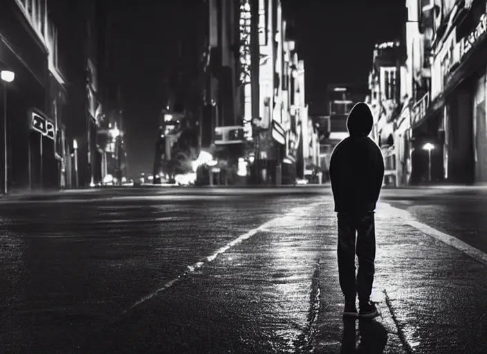 Prompt: boy from the back with a black hoodie staing at a white glowing angel in the sky, empty city street at night where there are only cars parked, heavy rain, dramatic lighting, cinematic, establishing shot, extremly high detail, photorealistic, cinematic lighting, post processed