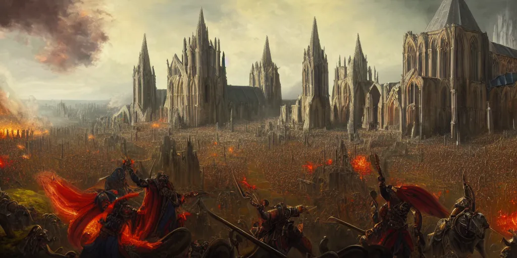 Prompt: highly detailed portrait painting of an ancient gods war battle, abbey warhammer battle, old abbey in the background, character in the foreground, cathedrals, giant columns, arcane magic summoning by liang xing, 8 k resolution