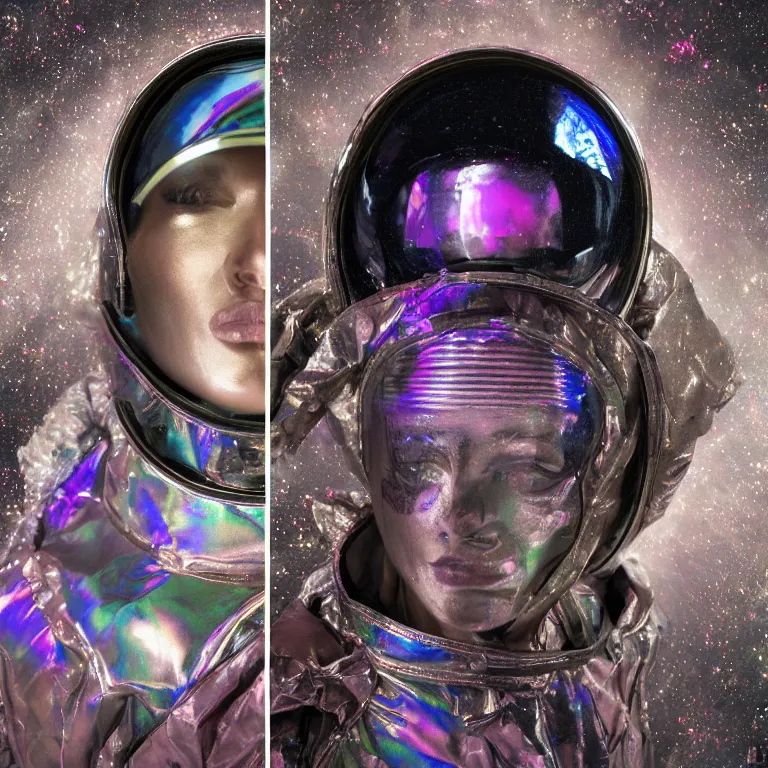 Image similar to octane render portrait by wayne barlow and carlo crivelli and glenn fabry, subject is a woman covered in tie - dye aluminum foil space suit with a iridescent metallic space helmet, inside a dark gothic rococo palace, cinema 4 d, ray traced lighting, very short depth of field, bokeh