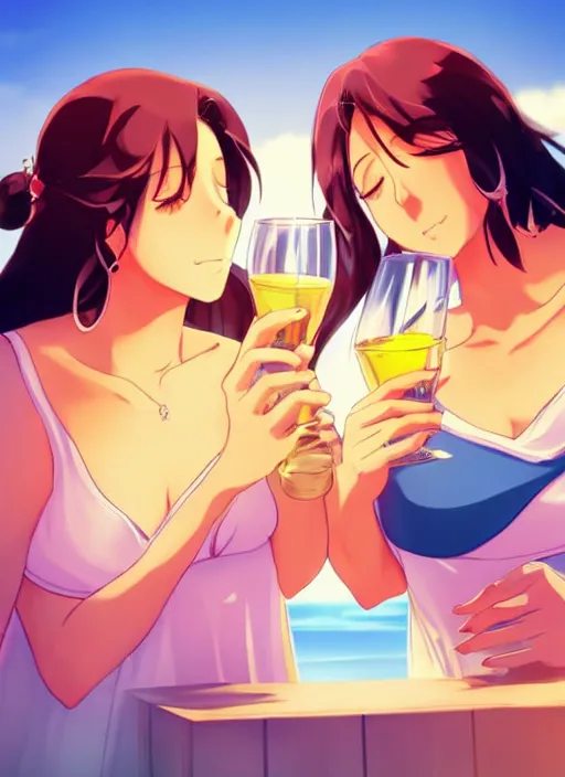 Prompt: two beautiful mothers drinking on a hot summer evening, summer clothes, gorgeous faces, thick lines, cinematic lighting, detailed anime art