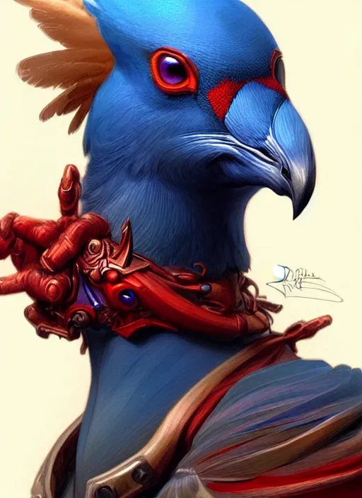 Image similar to portrait of aggressive pigeon humanoid, d & d, muscular! blue and red, fantasy, intricate, elegant, highly detailed, digital painting, artstation, concept art, smooth, sharp focus, illustration, art by artgerm and greg rutkowski and alphonse mucha