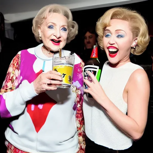 Image similar to betty white drinking white claw with miley cyrus