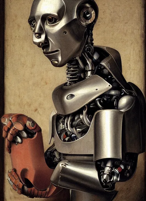 Image similar to a portrait of a robot cyborg by Petrus Christus, renaissance style