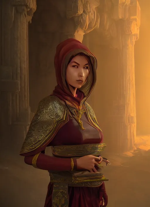 Prompt: A fantasy comic book style portrait painting of a female monk in a stunning fantasy temple, unreal 5, DAZ, hyperrealistic, octane render, cosplay, RPG portrait, dynamic lighting