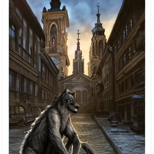 Image similar to werewolf in the downtown city lviv church of st. elizabeth, portrait, highly detailed, full body, digital painting, trending on artstation, concept art, sharp focus, illustration, art by artgerm and greg rutkowski and magali villeneuve