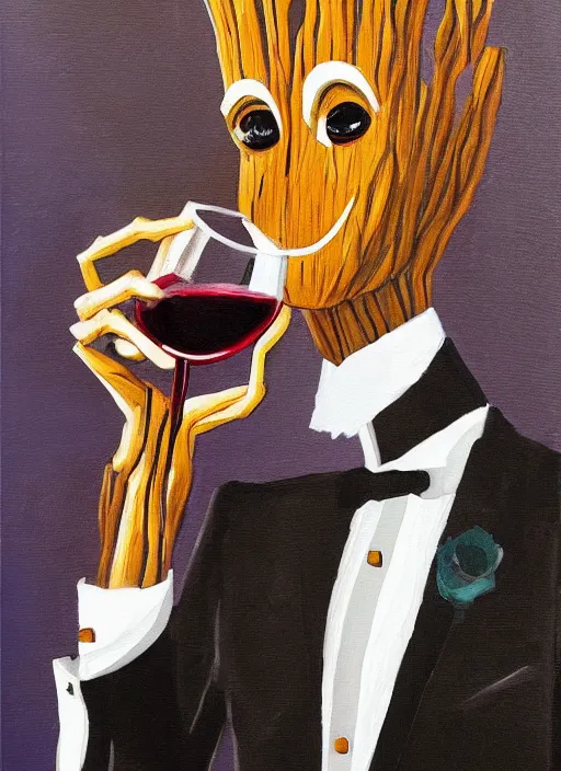 Prompt: painting of the groot as a gentleman wearing tuxedo drinking wine, vivid colors, masterpiece, artwork