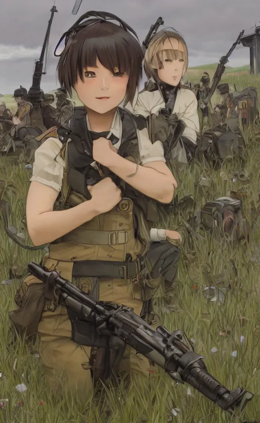 Prompt: panoramic view, girl, soldier clothing, battlefield in background, anime style, short hair, hair down, symmetrical facial features, from arknights, hyper realistic, 4 k, rule of thirds, extreme detail, detailed drawing, safebooru, hd, d & d, realistic lighting, by alphonse mucha, greg rutkowski, sharp focus, backlit