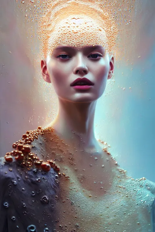 Prompt: 3 d, rain, flame, liquid rose gold, morning, vogue cover style, pearls, poster art, high detail, intricate oil painting, multiple exposure, hell mood, hyperrealism, 3 d, by tooth wu and wlop and beeple and greg rutkowski