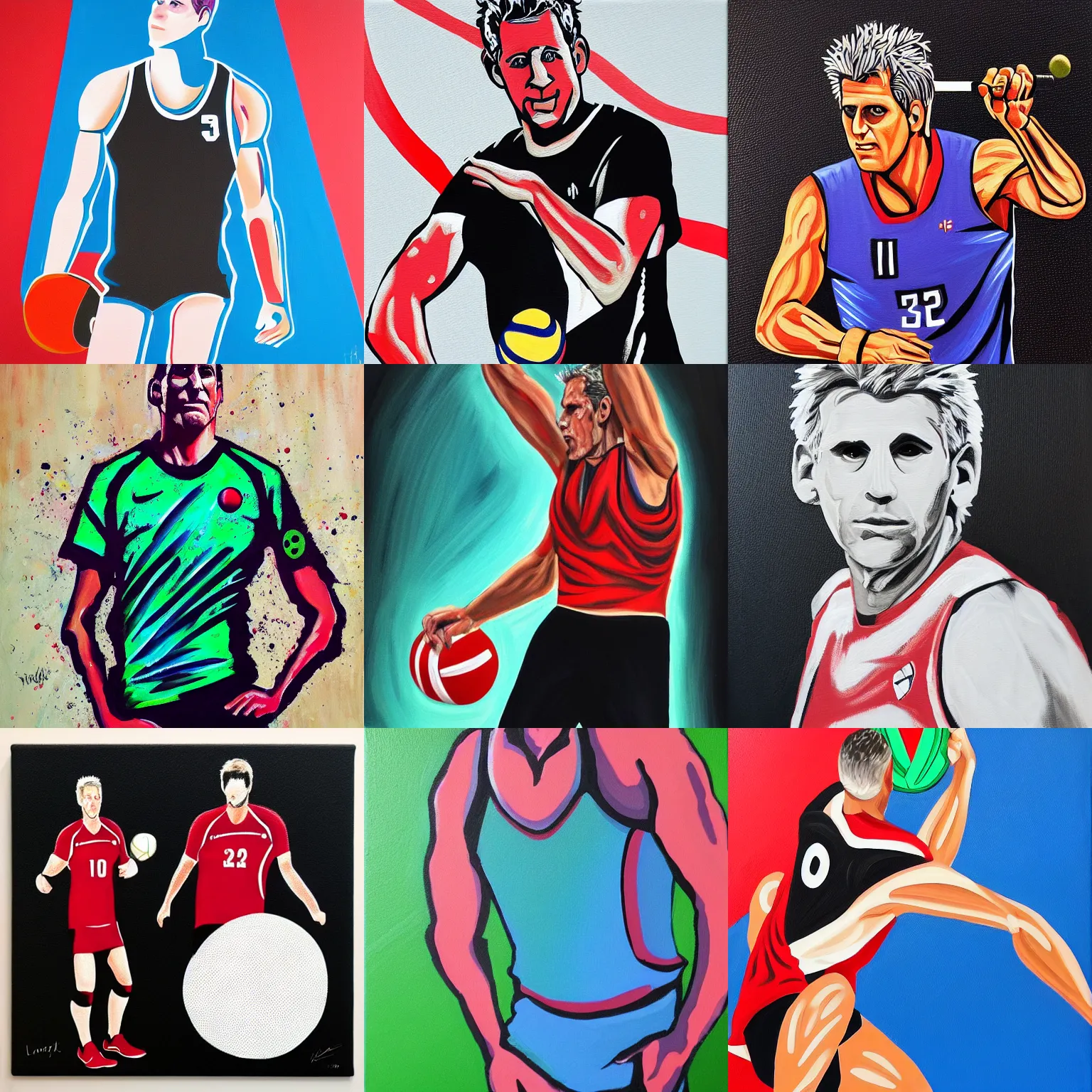 Prompt: karch kiraly hitting a volleyball, full body portrait, acrylic paint on canvas by tracy levesque, black background, trending on artstation