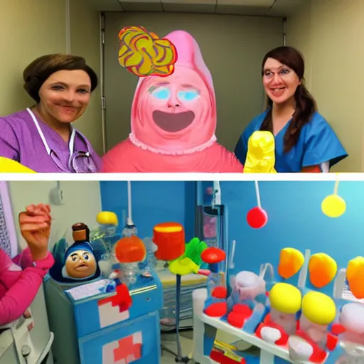 Image similar to photo of a happy patient and doctor or nurse in a hospital room made out of soft candy, candy hospital equipment, candy hospital room, candy treatments, oompa loompa virus, willy wonka pandemic