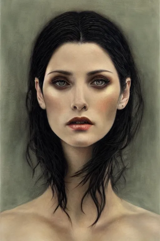 Prompt: Beautiful oil painting of Alice Cullen by Chie Yoshii, portrait, pale, short black hair, symmetrical face, dramatic lighting, sharp focus, smooth, Ashley Greene