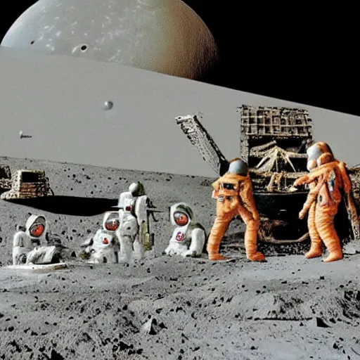 Image similar to full - color 1 9 7 2 photo of an ancient alien temple on the moon being excavated by archaeologists wearing space - suits at a dig - site. high - quality professional journalistic photography from time magazine.