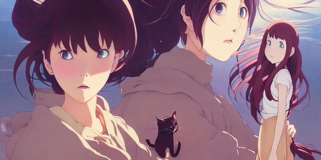 Prompt: the girl and the cat. anime visual, early in the morning. by hayao miyazaki and rossdraws and artgerm and greg rutkowski and alphonse mucha. anime production by studio ghibli. high quality, stunning, intricate detailed environment. 8 k