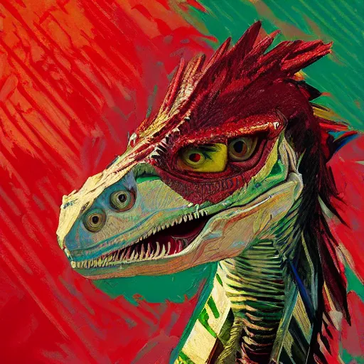 Prompt: portrait of a beautiful velociraptor with a birthday crown, shades of red and green, rule of thirds, intricate patterns, spotlight, by greg rutkowski, by jeremy mann, by francoise nielly, by van gogh, digital painting