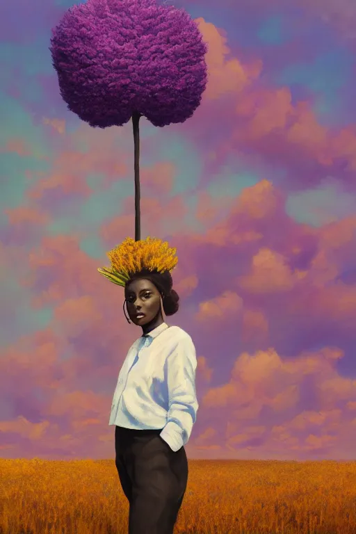 Image similar to portrait, giant lilac flower as head, black woman in suit in heather field, surreal photography, golden hour, colorful clouds, impressionist painting, digital painting, artstation, simon stalenhag