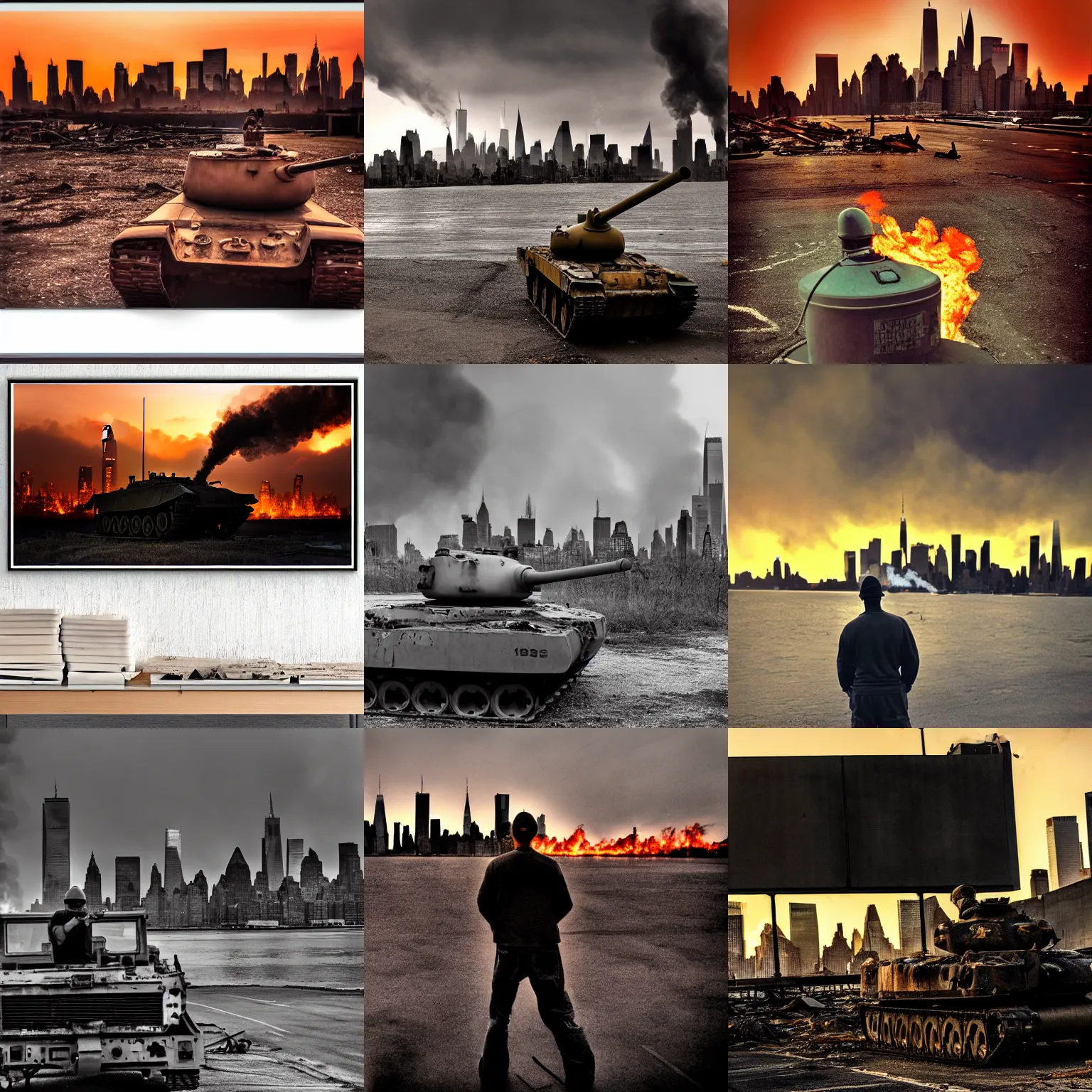 Prompt: tank in front of the destroyed new york skyline smoking and burning, reflections, award winning photograph, sunset, desolate, atmospheric