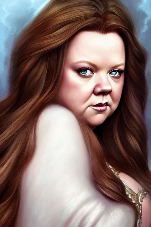 Image similar to Melissa McCarthy as an angel, fantasy, long hair, intricate, elegant, highly detailed, digital painting, artstation, concept art, smooth, sharp focus, illustration, art by artgerm and manara