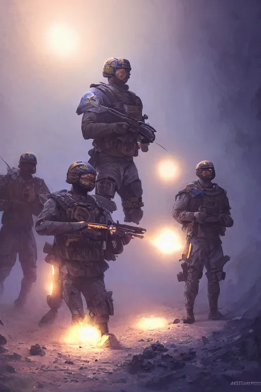 Image similar to a cinematic shot of a special forces unit with ukrainian blue yellow flag and standing ready to fight, masculine figure, d & d, fantasy, bright atmosphere, volumetric lights, intricate, elegant, extremely detailed, digital painting, artstation, concept art, matte, smooth, sharp focus, hyper realistic, illustration, art by artgerm and greg rutkowski and alphonse mucha