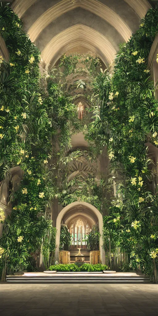 Image similar to grand cathedral interior with koi pond in the middle surrounded by palm trees, ivy, flowers, tropical plants, roses, and with archways, rendered in octane render with photorealistic cinematic volumetric lighting, cinematic, centered, horizontal symmetry