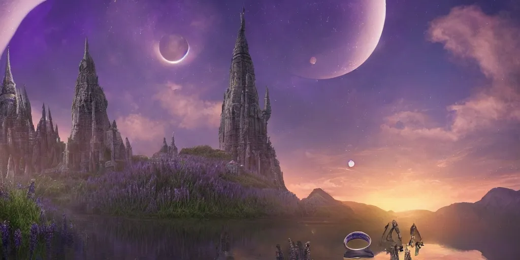 Prompt: a massive alien temple, with two spires, a lake surrounding it, clear lavender sky, three moons and rings in the horizon, lush vegetation, flowers, 8 k, cinematic, vivid colors, artstation, tom badshaw