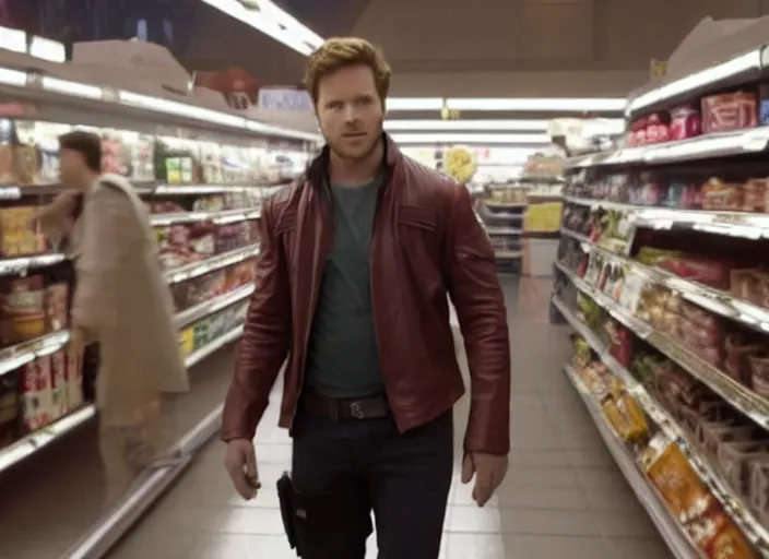 Image similar to film still of Star-Lord shopping in a supermarket in the new Guardians of the Galaxy movie, 4k