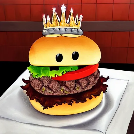 Image similar to a burger wearing a crown,digital art,ultra realistic,ultra detailed,art by greg rutowski