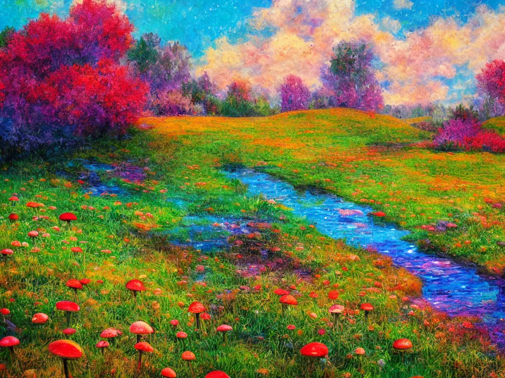 Image similar to an impressionist painting of a gorgeous meadow filled with colorful mushrooms with a stream flowing through it, psychedelic colors, colorful sky in background, high detail, trending on artstation