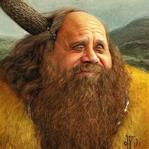 Image similar to danny devito as gimli, by alan lee, lord of the rings calendar, smooth, detailed terrain, oil painting, matte painting, concept art, trending on artstation