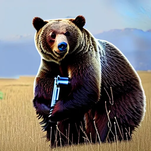 Image similar to grizzly bear holding a mounted minigun