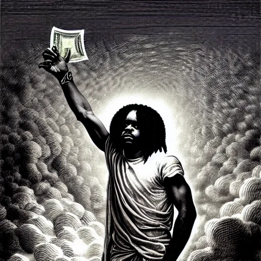 Image similar to cheef keef ascending into heaven holding stacks of cash, biblical image, style of gustave dore, highly detailed, beautiful, high contrast, black and white