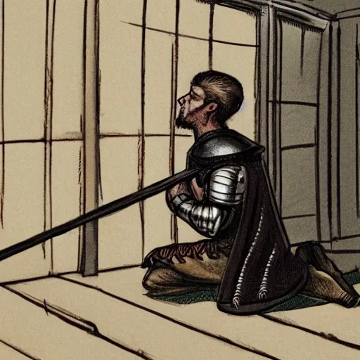 Image similar to A pale young man stands kneeling inside a prison cell. Clad in shining armor he kneels and prays to a God others would have long abandoned. Sunshine lightly grazes his cheeks as he prays, his broken spear used as a cross to focus on. The knight's expression is sad, pensive, but resolute, decisive and stubborn.