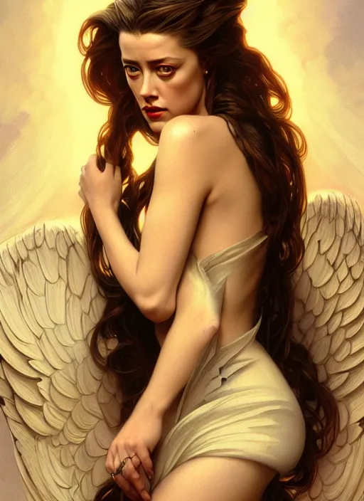 Prompt: portrait of amber heard as an sultry angel, wings, bible, intricate, headshot, highly detailed, digital painting, artstation, concept art, sharp focus, cinematic lighting, illustration, art by artgerm and greg rutkowski, alphonse mucha, cgsociety