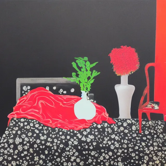 Image similar to empty room with black walls, sensual portrait of a woman sleeping, japanese vase, old flowers, puddle of water, octopus, squashed berries, neo - expressionism, surrealism, acrylic and spray paint and oilstick on canvas