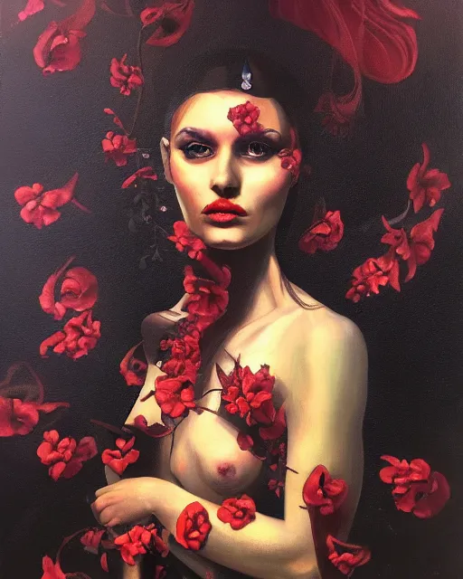 Image similar to Persephone, queen of the underworld, oil on canvas