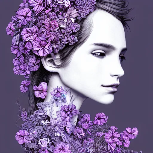 Image similar to the head of an unbelievably elegant and ridiculously beautiful woman partially made of potatoes and violets, an ultrafine detailed illustration by james jean, final fantasy, intricate linework, bright colors, behance contest winner, vanitas, angular, altermodern, unreal engine 5 highly rendered, global illumination, radiant light, detailed and intricate environment
