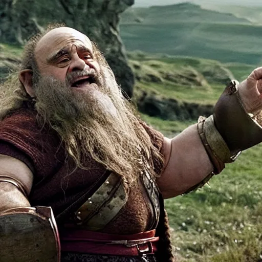 Prompt: movie still of danny devito starring as gimli in the 2 0 2 6 lord of the rings movie, full body