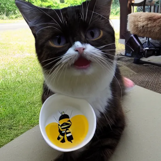 Prompt: Bearded bee cat like a cow who wears a hachiware split bowl as a war helmet is singing sweetly to humans for some reason, so when I went nadenade, the cat was happy I understood and spoiled