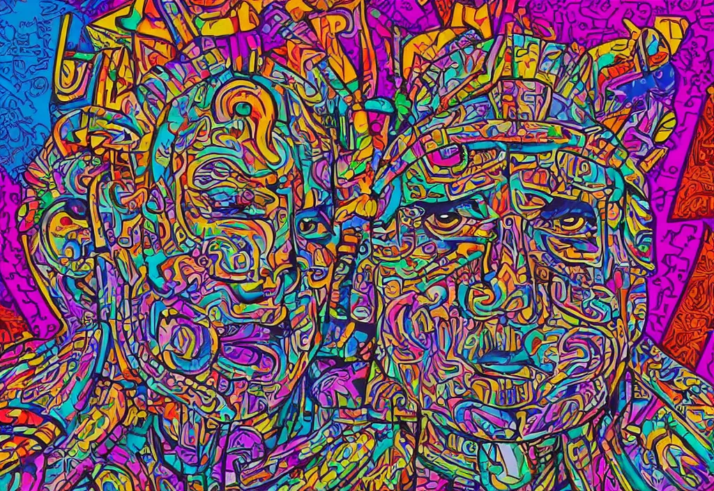 Prompt: a minimalised but overdetailed amd ornated vivid and colorful geometric-pattern filled portrait of a mayan emperor. In Comic, graffity style design by Chris Dyer aka chrisdyerpositivecreations. Charachter Inspired by legendary can2 aka cantwo, köpak and salviadroid. Color palette inspired by streetartist fatheat.