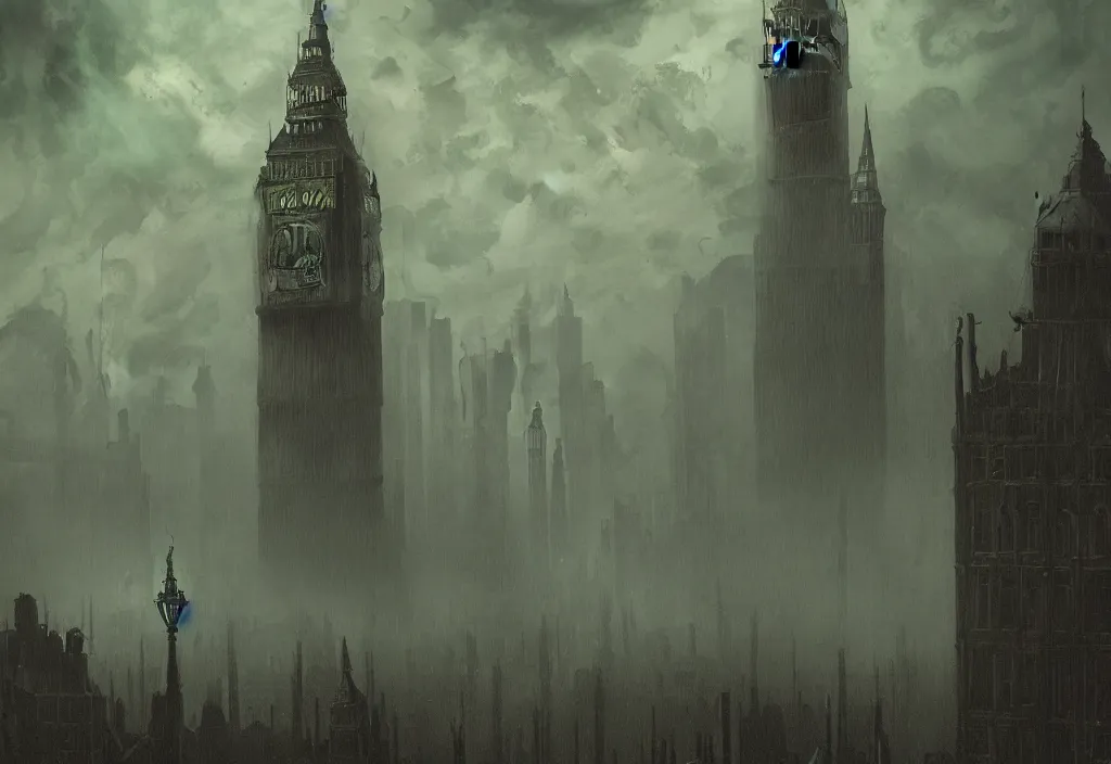 Image similar to cthulhu attacks london with tentacles in green mist by carl gustav carus, clocktower, steampunk, digital art, 4k, trending on artstation, highly detailed