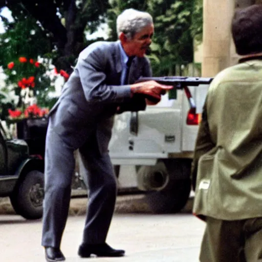 Prompt: saddam hussain shooting george bush