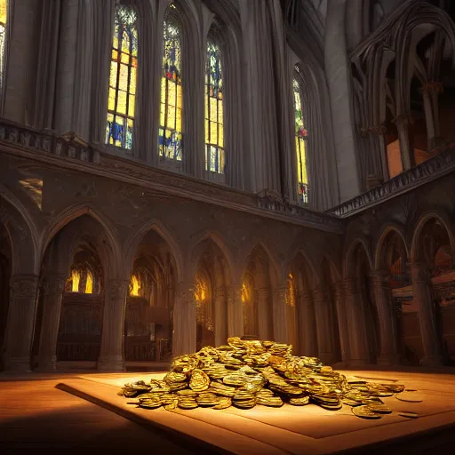 Image similar to a huge pile of money and coins in a huge cathedral with golden ray traced light by WLOP and tony sart, god rays, fantasy art, 4k, HDR, photorealistic, 8k, trending on artstation