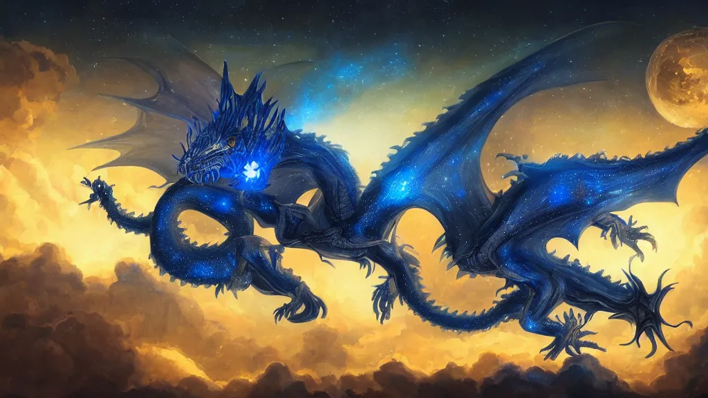 Prompt: surrealist painting of a dragon worm flying through the night sky, glowing blue, surrounded by brilliant stars, cinematic shot, fantasy artwork, award winning, hyper detailed, very very very very very very beautiful, studio lighting, artstation