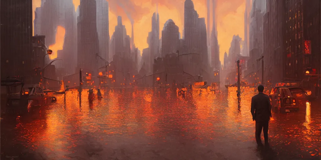 Prompt: manhattan city streets flooded with lava, view at street level, city at night, in the style of disco elysium, j. c. leyendecker, greg rutkowski, artem