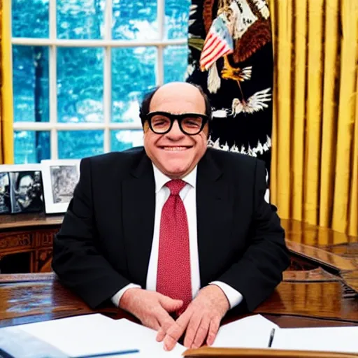 Image similar to portrait of president danny devito sitting in his chair behind the desk in the oval office