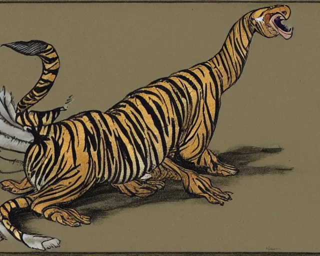 Prompt: tiger striped dragon with a swan's body and neck