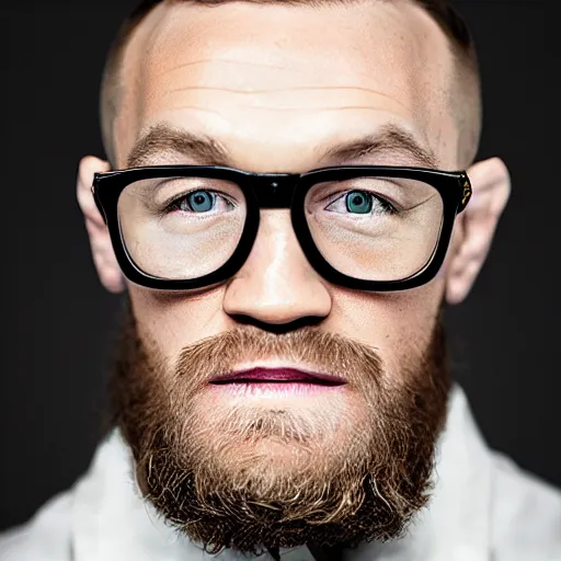 Prompt: a color studio portrait of Conor McGregor wearing glasses, f/1.4, 90mm, extraodinary masterpiece!!!!!!