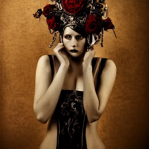 Image similar to a portrait of female model by stefan geselle, anka zhuravleva and peter kemp, dark fantasy, ornate headpiece, dark beauty, photorealistic, canon r 3, photography