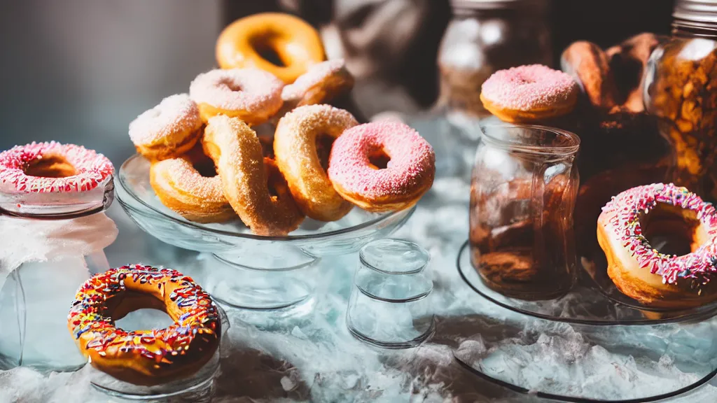 Prompt: donuts in a pretty big glass jar, sunlight, f - stop, high quality photography,