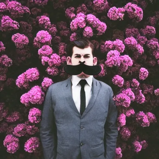 Image similar to photo portrait of a man with a moustache no beard standing in front of flowers, tumblr contest winner, aestheticism, masculine, aesthetic