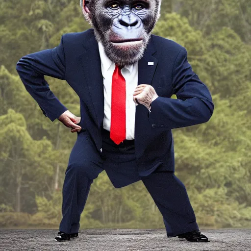 Image similar to the head of joe biden photoshopped onto a gorrilla's body, full - body shot